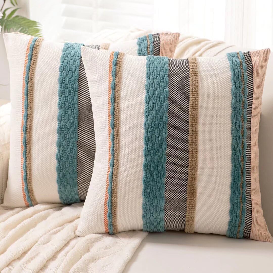 Boho Throw Pillow Covers 18x18 Set of 2 Farmhouse Decorative Cushion Case Striped Square Pillows Cover Chenille Pillow Cases Accent Neutral Pillowcase for Sofa Couch Bed,Blue