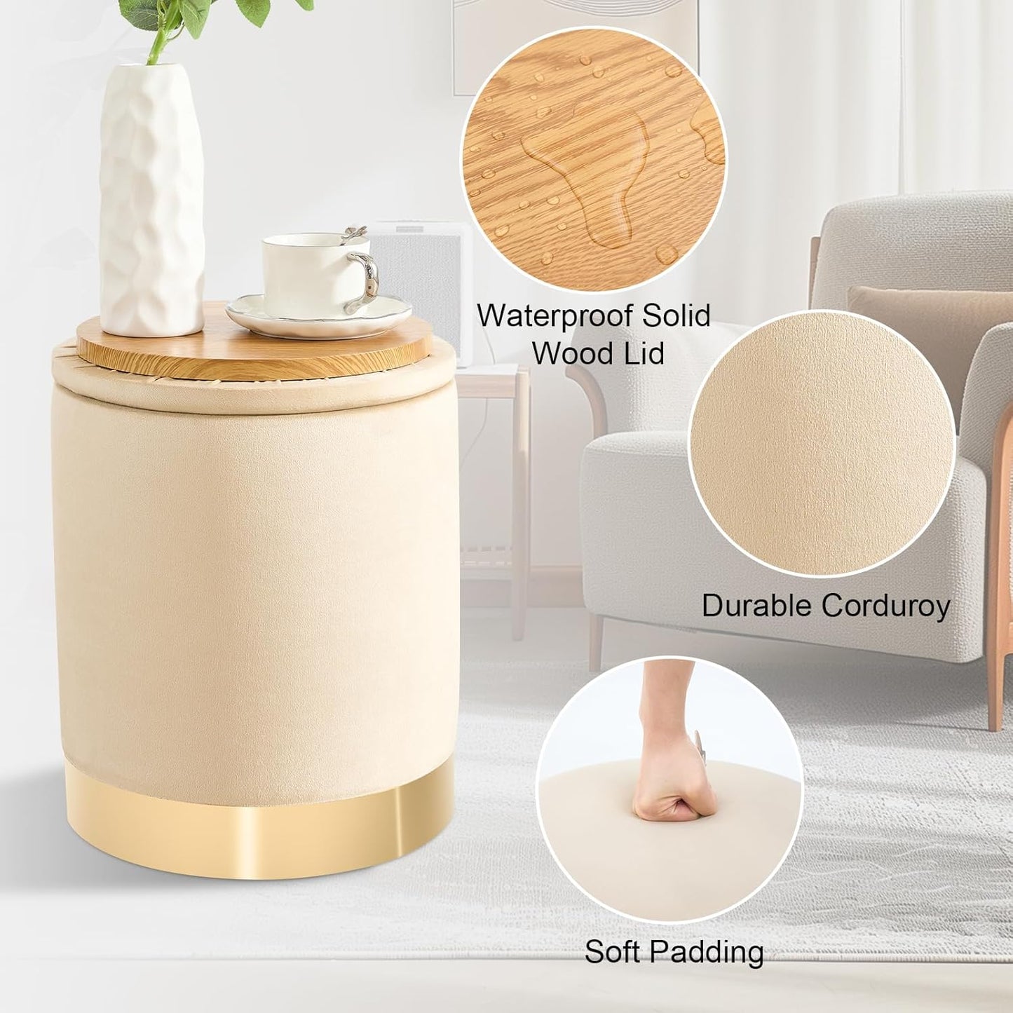 Round Ottoman with Storage Set of 2, Upholstered Velvet Storage Ottomans, Vanity Stool, Multifunctional Ottomans, Coffee Table Foot Rest Ottoman for Living Room Bedroom, Khaki