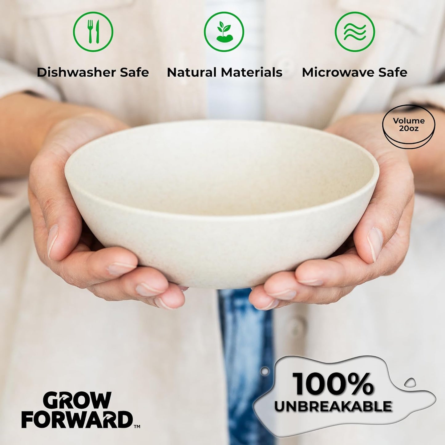 Grow Forward Premium Wheat Straw Bowls - 20oz Microwave Safe Plastic Cereal Bowls Set of 8 for Kitchen, Camping, RV, Dessert, Snack, Soup, Salad, Fruit - Reusable, Unbreakable & BPA Free - Sahara