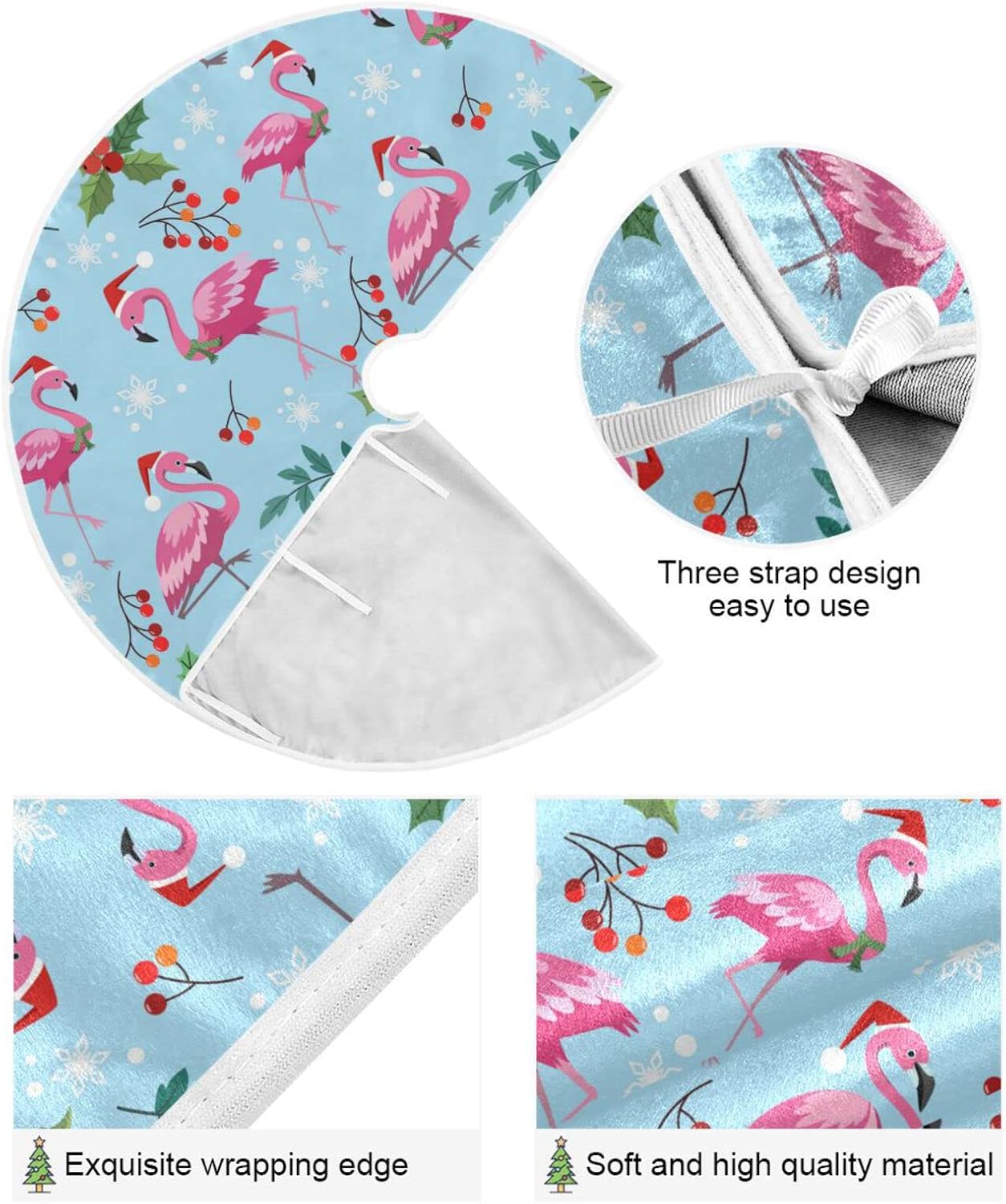 Christmas Flamingo Snowflake Tree Skirt, Seasonal Tree Mat Holiday Party Supplies Ornaments Indoor Outdoor Decorations for Tabletop Trees 35.4 Inches