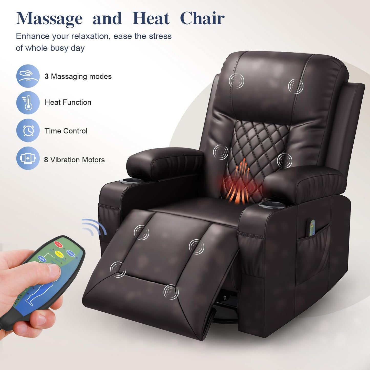 Recliner Chairs for Adults, FSC Certified Massage Rocker with Heated Modern Ergonomic Lounge 360 Degree Swivel Single Sofa Seat Living Room Lounge Recliners Brown