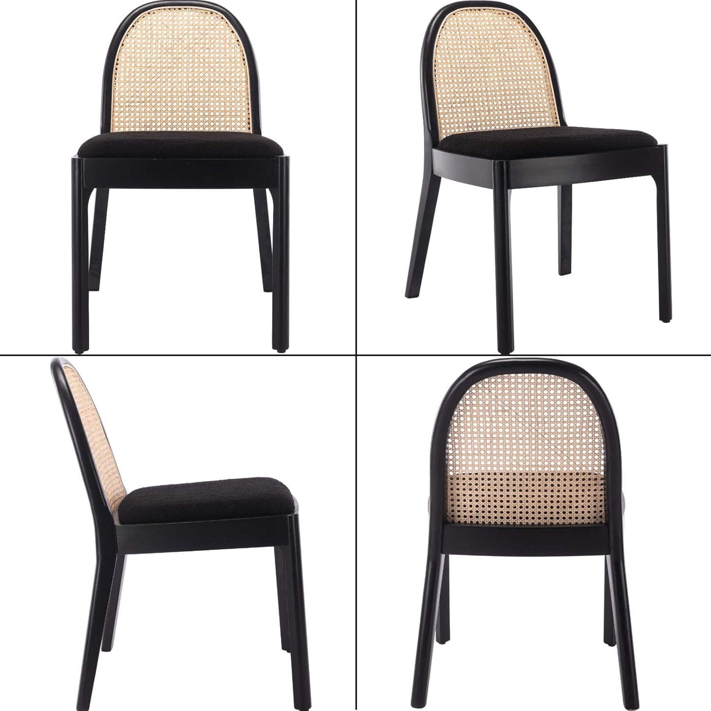 Mid Century Dining Chairs Set of 4, Accent Rattan Sherpa Fabric Side Chairs Kitchen Chair with Solid Wooden Legs for Living Room Dining Room, Black
