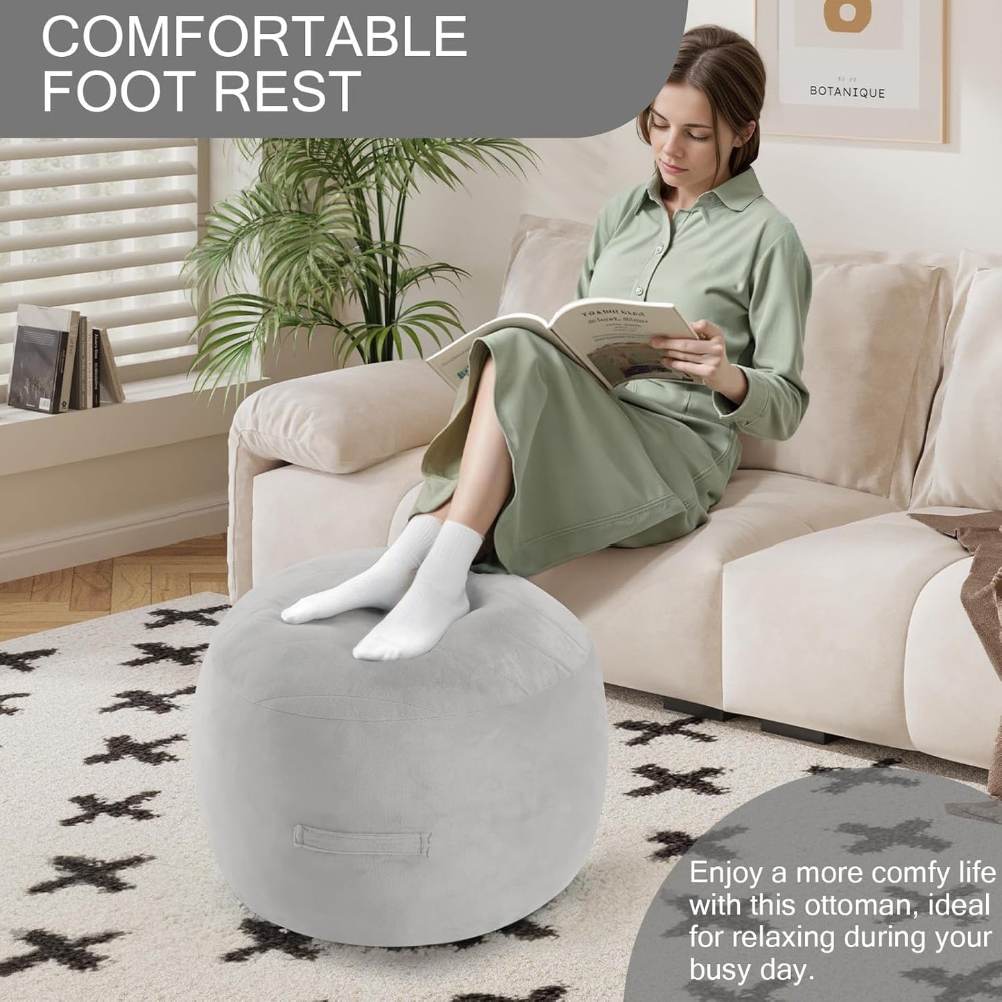 MeMoreCool Round Stuffed Pouf Ottoman Foot Rest, Floor Pouf Foot Stool with Soft Foam Chunk Filling, Small Round Ottoman Footstool Circle Footrest for Living Room, Light Grey