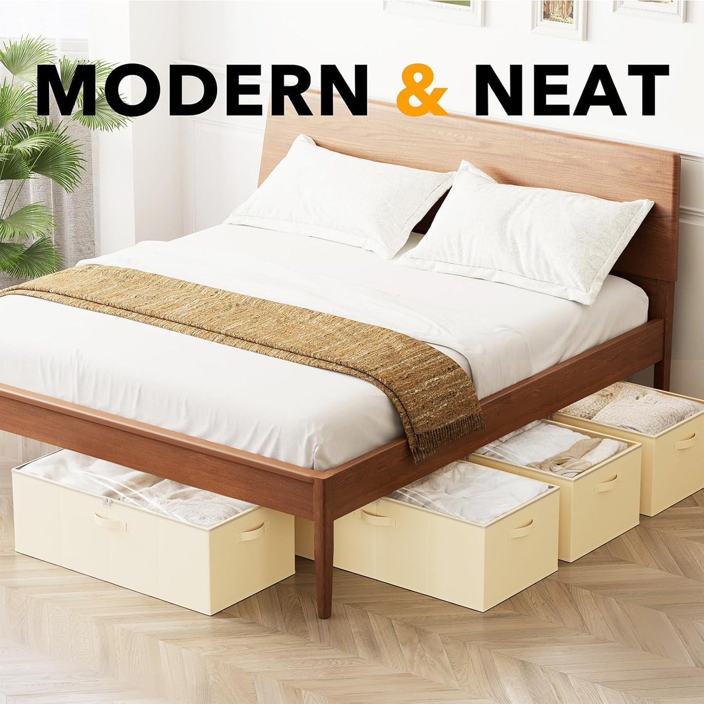 SpaceAid 4 Pack 10" High Under Bed Storage Containers, Large Underbed Storage Organizer Bins with Lids for Bedroom, Dorm, Clothes, Closet Organization, Bed Sheets and Blankets (Beige)