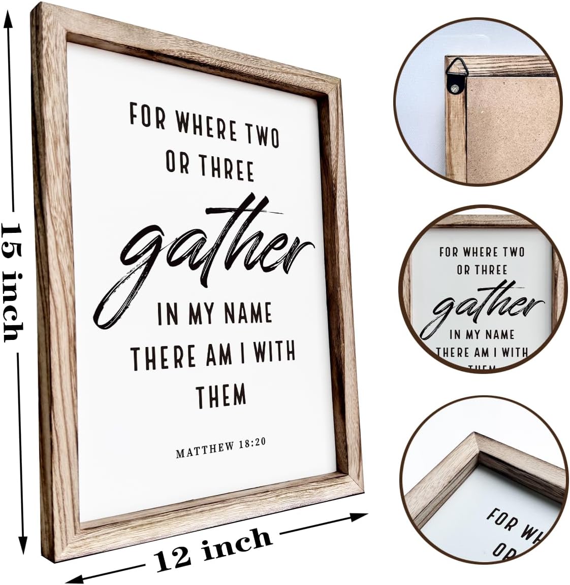 Christian Decor Art, Scripture Matthew 18:20 Sign, Home Church Decor, Framed Wall Plaque Sign 15 * 11.5 inches, Housewarming Gift, For Where Two or Three Gather in My Name