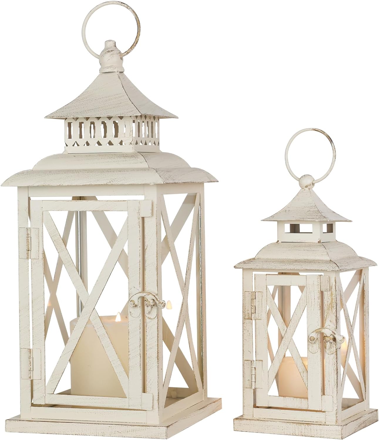 Lanterns Decorative Outdoor&Indoor, Set of 2 (14"&10") Beige Metal Lantern Decor with Glass, Candle Holder for Porch, Patio, Garden, Balcony, Wedding, Table Centerpiece