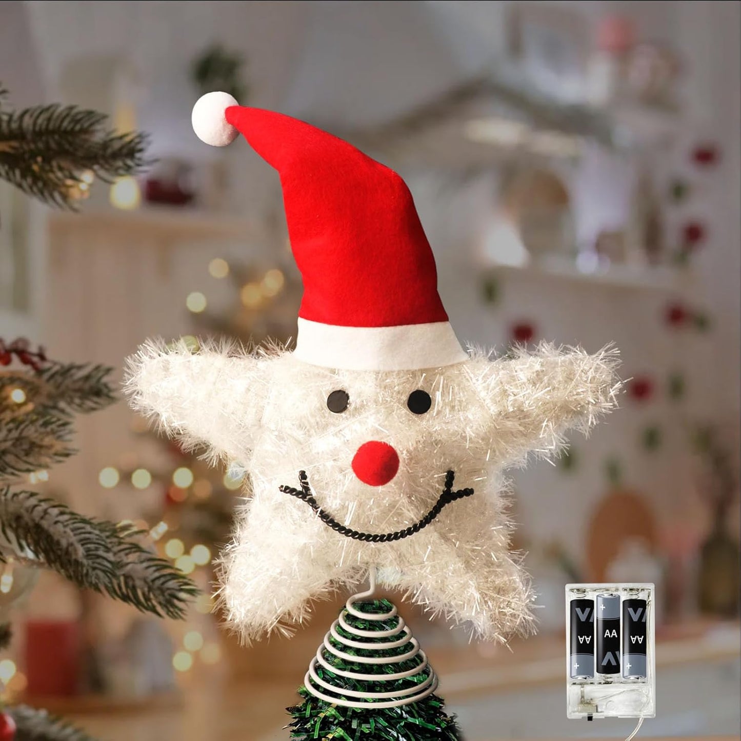 Christmas Tree Topper Snowman Star with Warm White 20 LED Lights, Xmas Tree Topper Star for Holiday Seasonal Decor Battery Required Outdoor Indoor