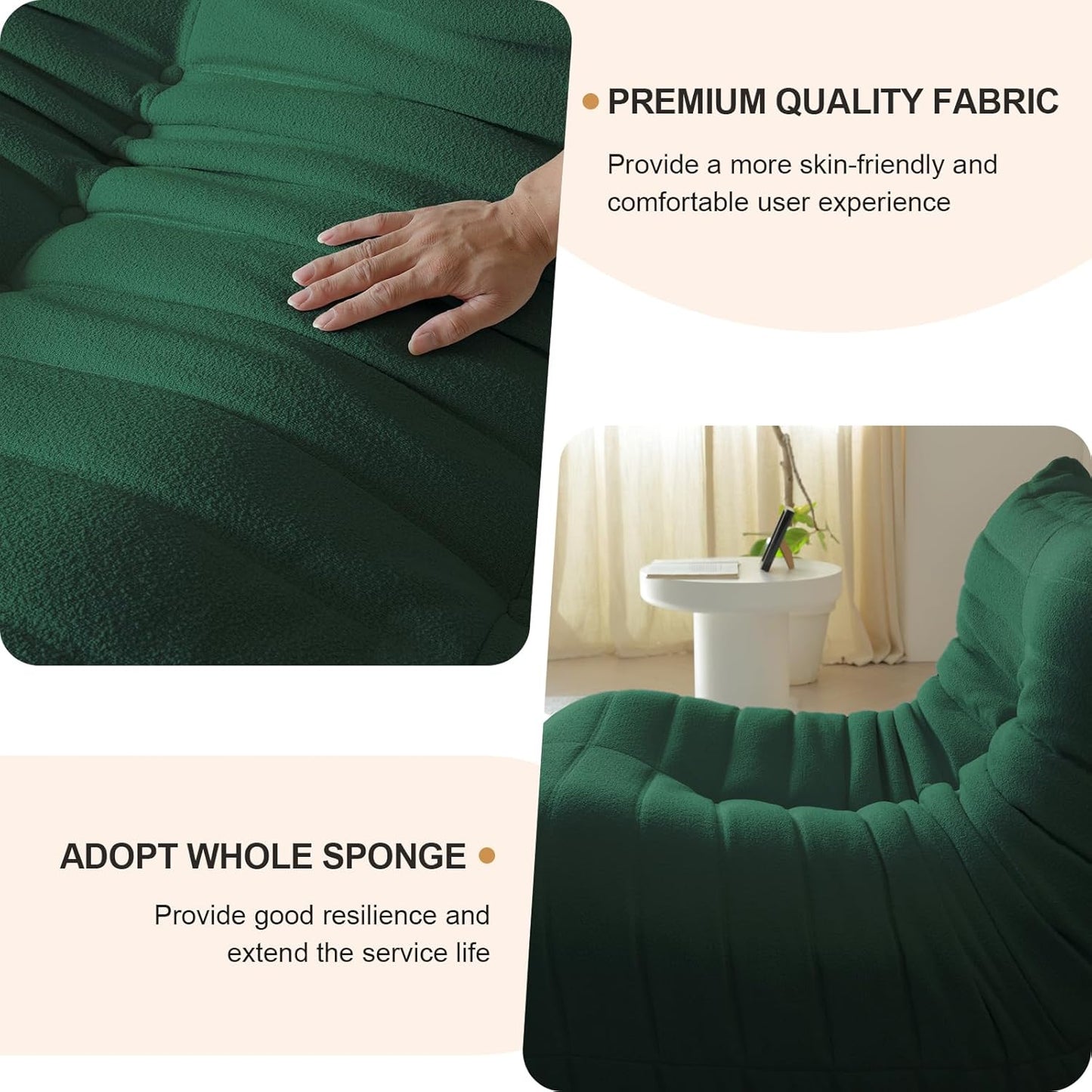 Luxury Sofa Couch Chair, Lazy Floor Seating, Fireside Bean Bag Chair, Ergonomic Tatami Sofa Lounger for Living Room, Bedroom, Office, 3 Seat, Green