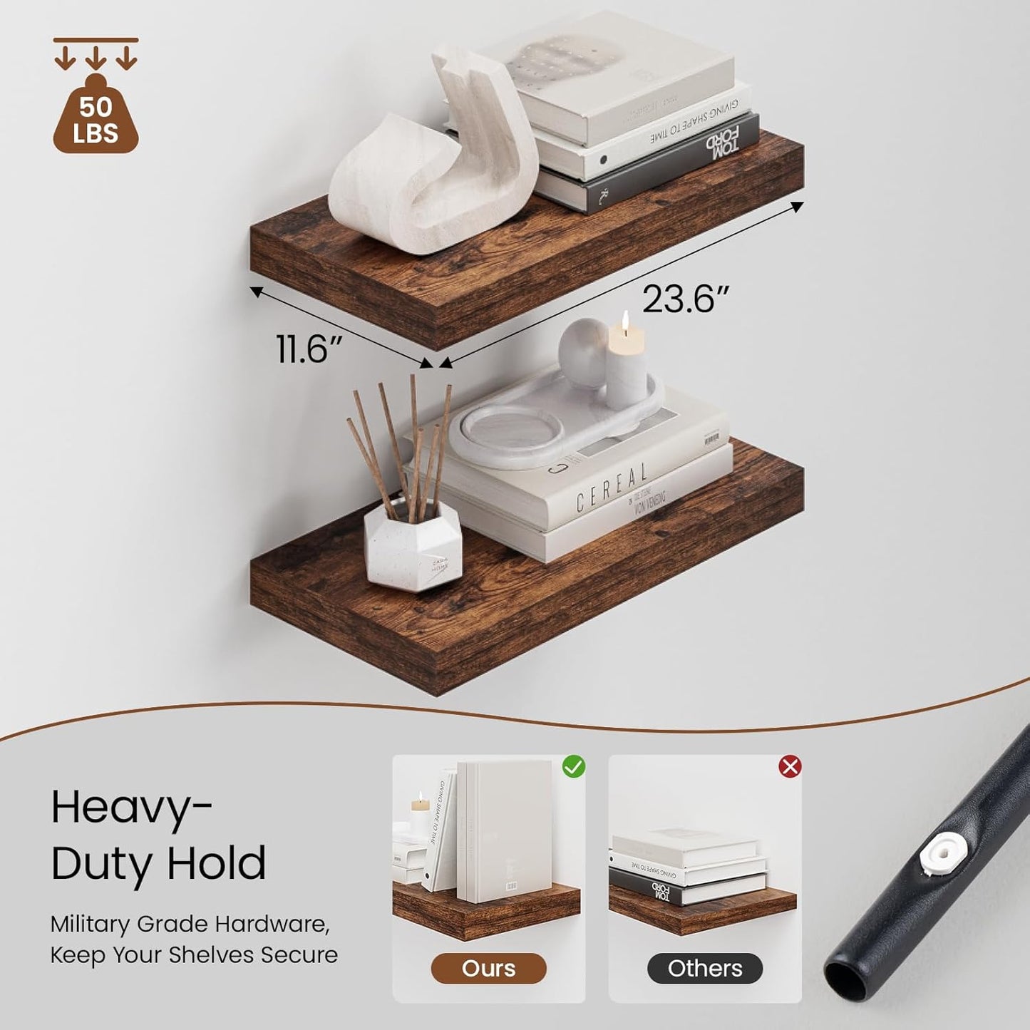 Heimlove 12" Deep Floating Shelves for Wall, 24 Inch Wall Shelf Bathroom Shelves Set of 2, Wall Mounted Shelves for Books Living Room Laundry Room Bedroom Kitchen Home Office, Rustic Brown