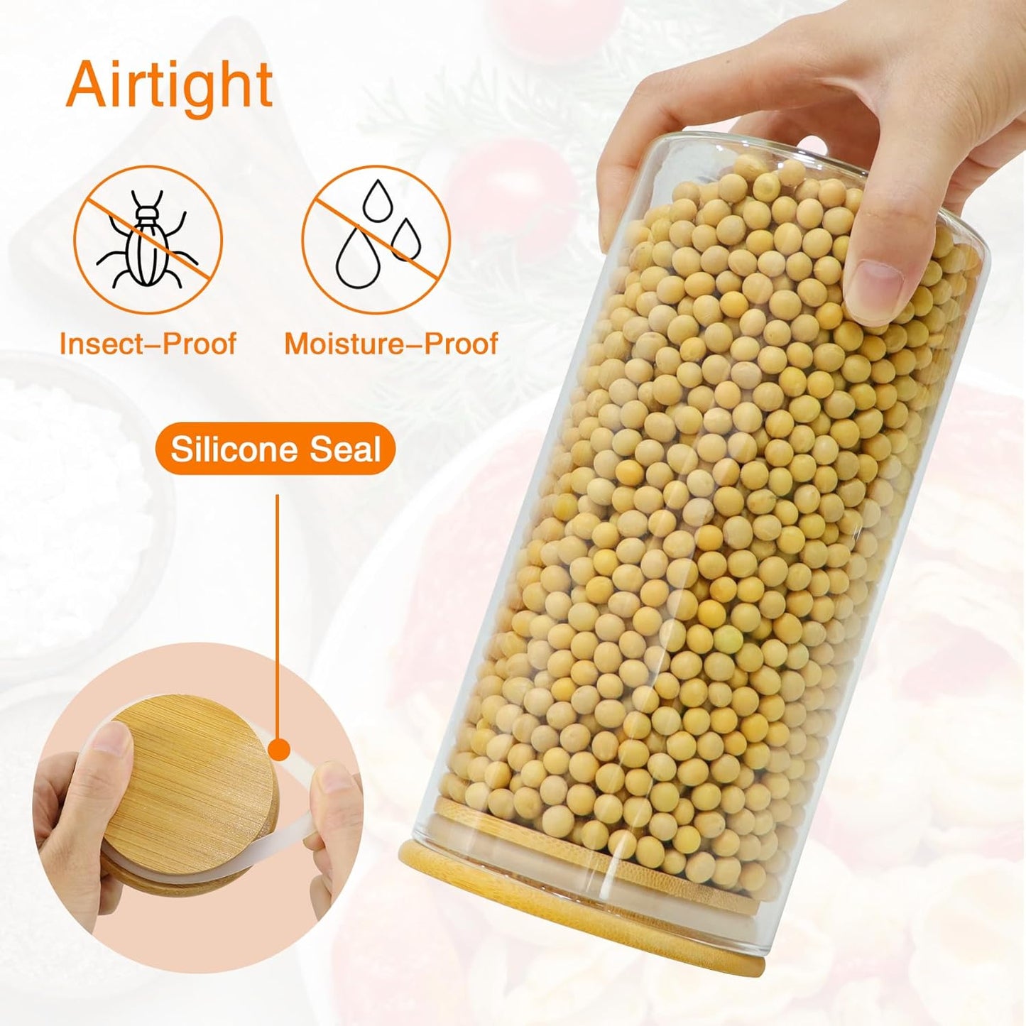 Glass Storage Jars 45 oz 4 Pcs Clear Glass Food Storage Containers with Airtight Bamboo Lid Stackable Kitchen Canisters for Candy, Cookie, Rice, Sugar, Flour, Pasta, Nuts