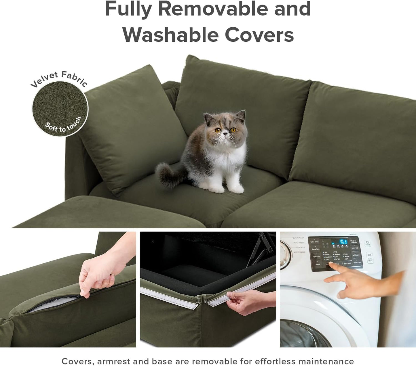 mopio Oversized Modular Sectional Sofa with Fully Removable Covers and Storage, Convertible U, L-Shaped and Sleeper Sectional, Modern Couches with Ottoman Chaise (Olive Green Velvet, 3 Seater)