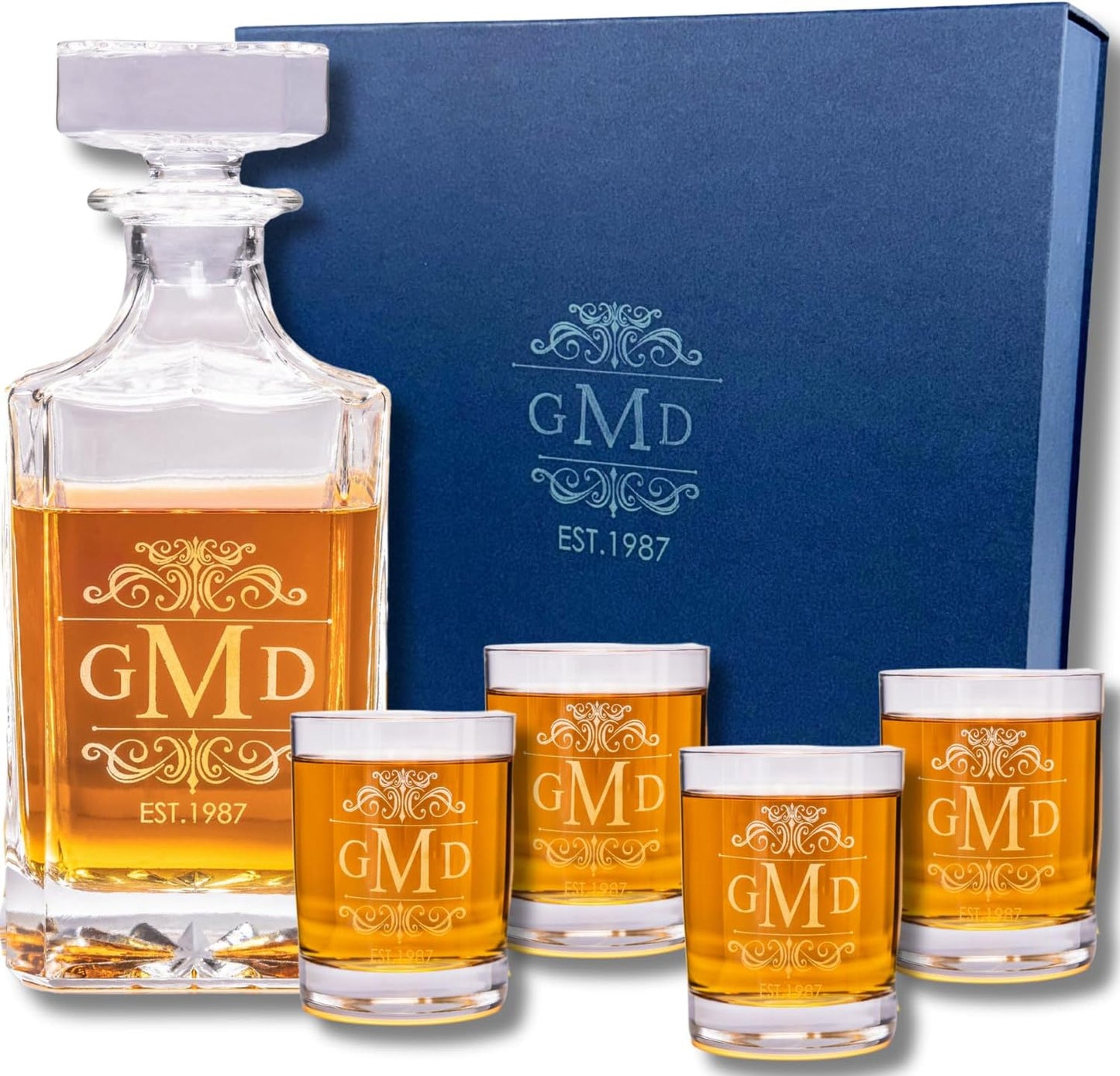Gifts Inscribed Personalized Whiskey Decanter Set - Engraved Whiskey Decanter Bottle & Set of 4 Custom Drinking Glasses Laser Etched - Customized Whisky Gift for Wedding, Birthday, Fathers Day