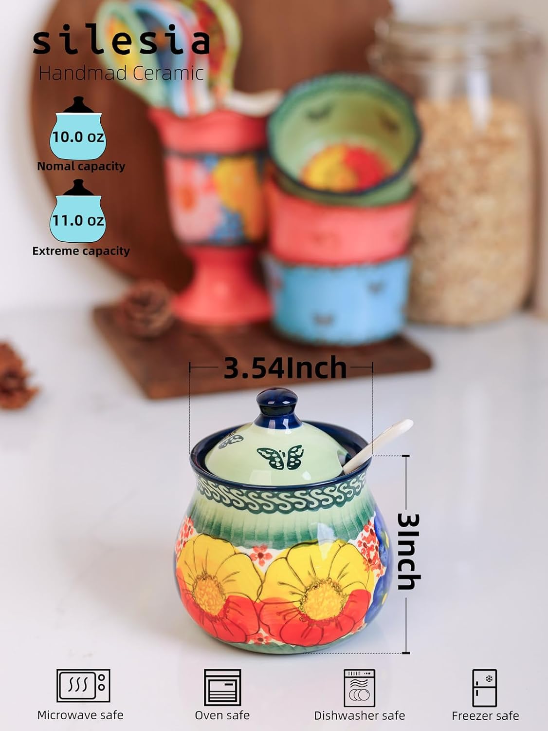 silesia Handmade Sugar Bowl with Lid and Spoon, 9 Ounce Ceramic Hand-Painted Sugar Jar for Home in Gift Box, Kitchen Decor, Oven, Dishwasher & Microwave Safe, Glazed Green