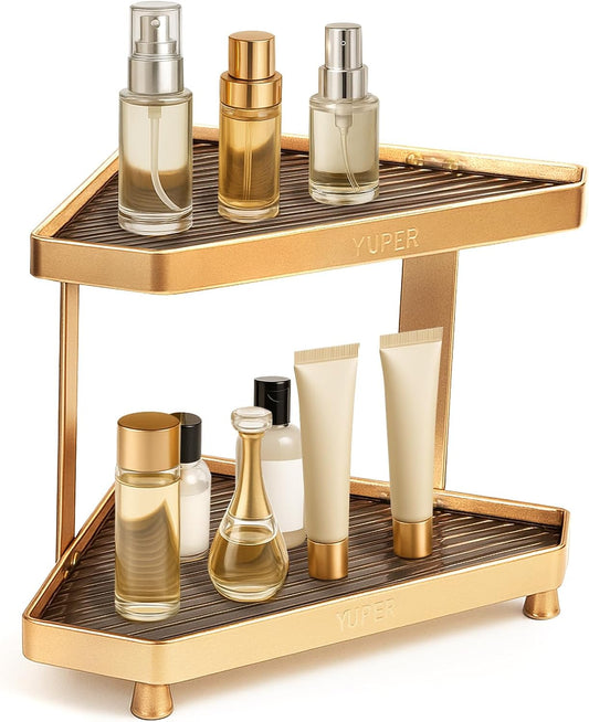 YUPER Bathroom Counter Organizer, 2-Tier Corner Bathroom Organizers and Storage, Makeup Storage Shelf Vanity Tray Perfume Organizer, Bedroom Corner Counter Storage Sink Shelf Gold
