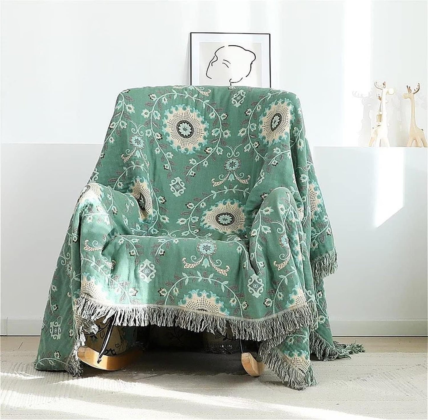 Boho Throw Blanket for Chair Couch Bed 90''x 98'', 100% Cotton Quilt Floral Mexican Blanket Muslin Gauze Blankets Super Soft Lightweight Versatile KnitWoven Bed Blanket for Home Decor