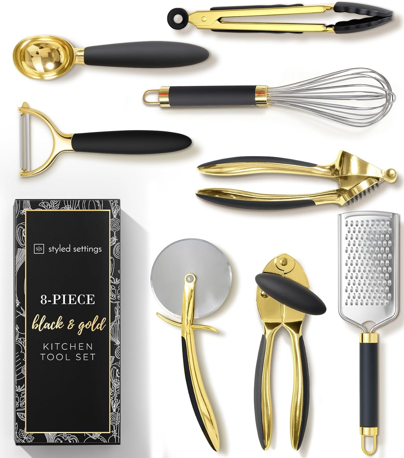 Black and Gold Kitchen Utensils - Luxe 8-Piece Gold Kitchen Tools Set with Can Opener, Pizza Cutter, Peeler, Mini Whisk, and Tongs - Stylish Accessories for Modern Cooking and Ideal for Gifting
