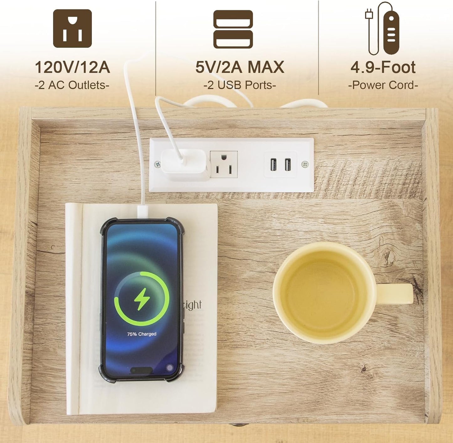 AWASEN Nightstand with Charging Station, Modern Bedside Table with Glass Decorative Drawer, Charging Night Stand Side Tables for Bedroom and Small Space, Rustic White Oak