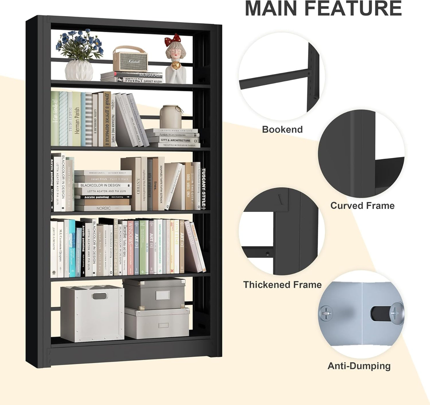 Large Metal Bookcase, 69” Modular Bookshelf with Storage, 5 Tier Bookcase with Adjustable Shelves, Extra Tall Book Shelves, Modern Book Case for Library, Office, Entryway, Living Room（Black）