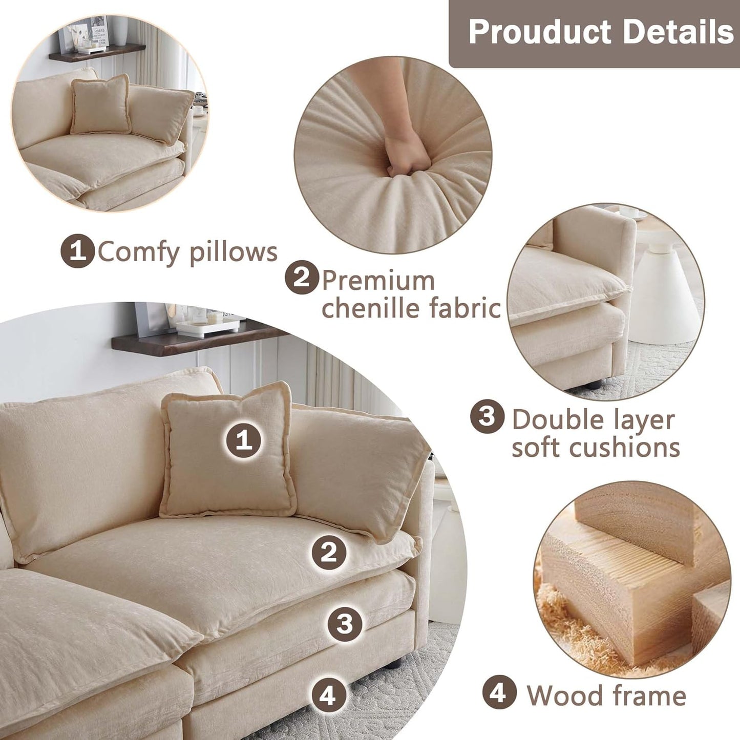 Sectional Sofa 2 Seater with Movable 1 Ottoman,Oversized Modular Couch Deep Seat (Light Coffee, 76.7 inch-L)