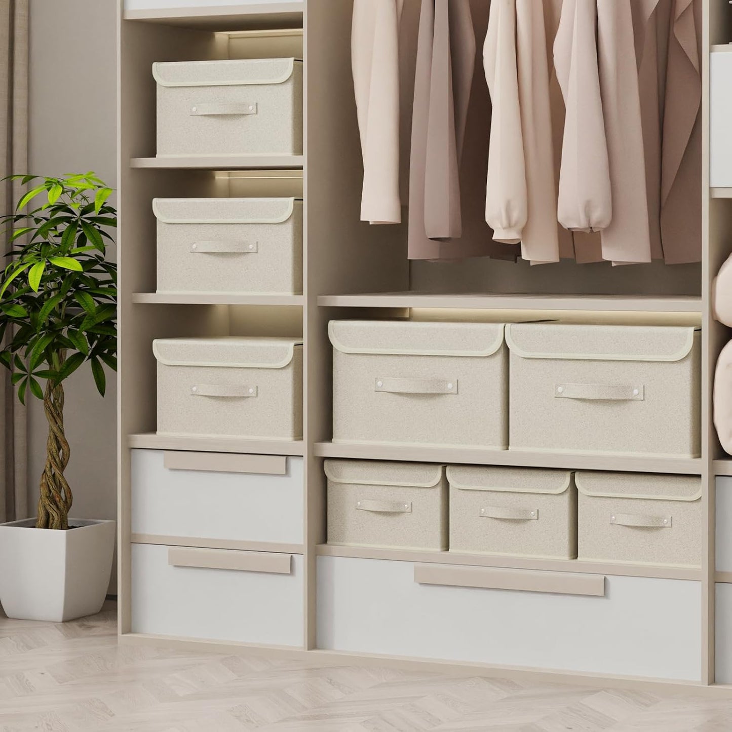 Fabric Storage Bins Cube Organizers with Flip-Top Lid and Handles,Storage Boxes for Organizing Home,Office,and Closet,Grey and Beige,3 Pack 15 x 9.8 x 9.8 in