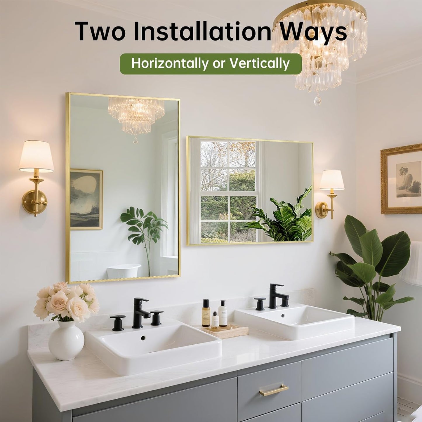 FARMER 16x24 Inch Gold Bathroom Mirror, Rectangle Wall Mounted Mirror, Vanity Mirror, Brushed Square Mirror, Framed Bathroom Mirror for Bedrooms, Entryways, Living Rooms, Horizontal/Vertical