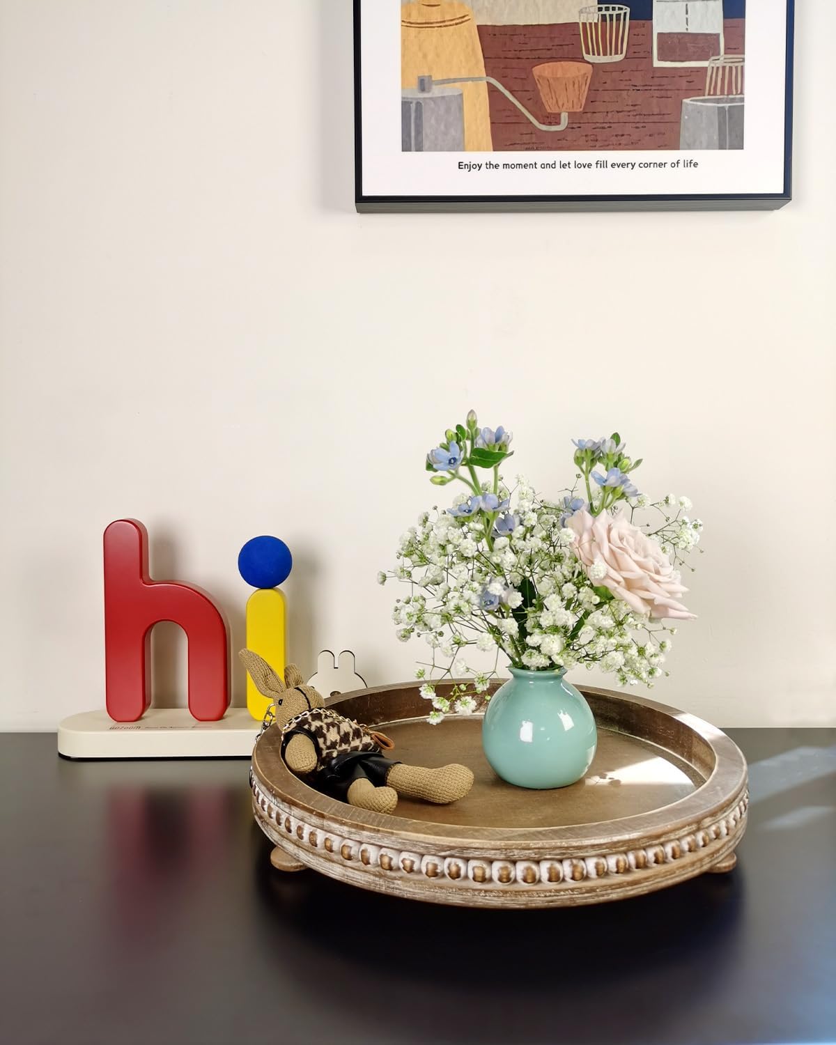 12 Inches Rustic Wooden Decorative Tray, Small Round Beaded Wood Tray for Kitchen Dinning Table Centerpiece Decor Entryway Living Room Home Decor, Brown