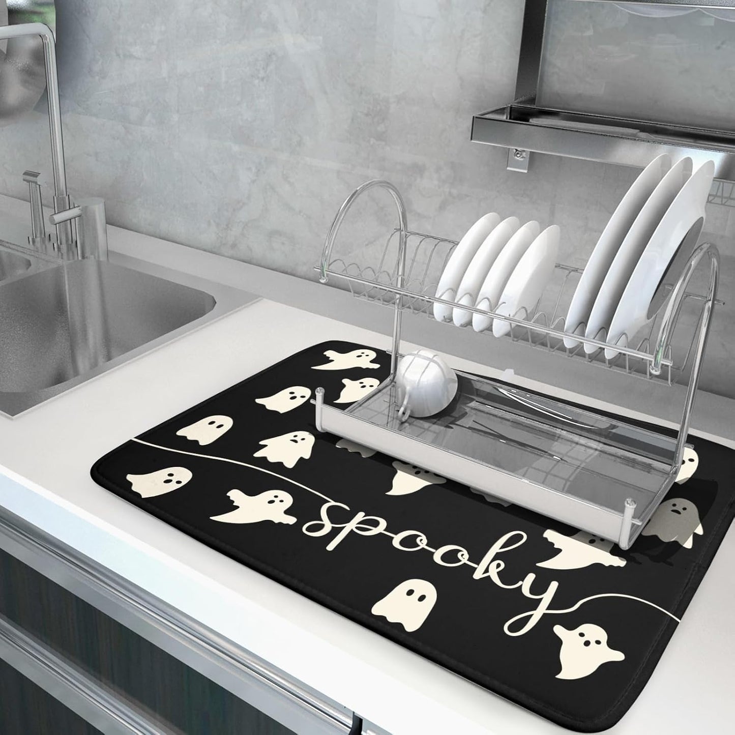Halloween Dish Drying Mat for Kitchen Counter Spooky Ghost Holiday Super Absorbent Reversible Microfiber Kitchen Countertop Protector Dishes Pad Large 18x24 inch
