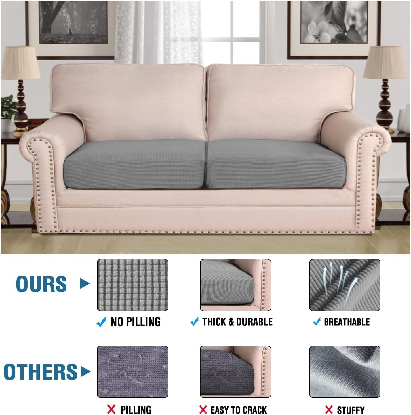 H.VERSAILTEX Super Stretch Individual Seat Sofa Covers Slipcover Sets Thick Jacquard Textured Twill Fabric (2 Piece Large Sofa Cushion Covers, Dove)