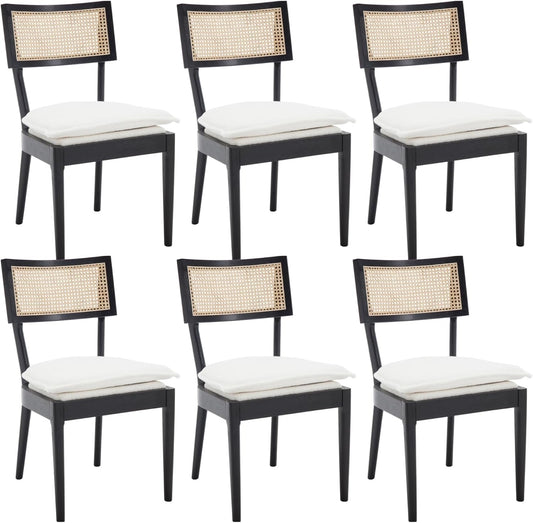 Rattan Dining Chairs Set Of 6 , Mid Century Modern Black Wooden Cane Back Chairs with Removable Sherpa Cushion , Retro Farmhouse Upholstered Kitchen & Dining Room Chairs for Restaurant Living Room
