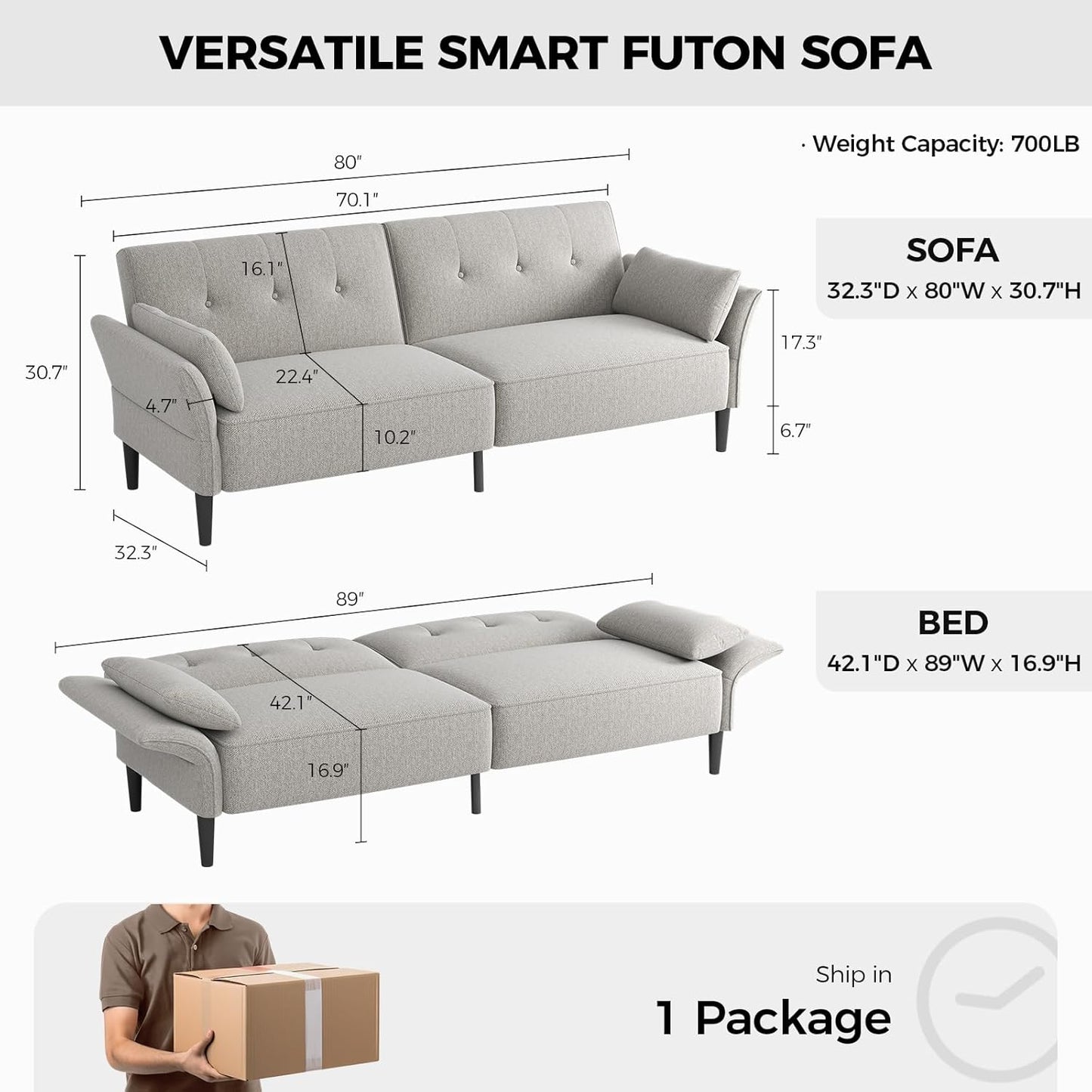 89” Futon Sofa Bed, Linen Comfy Futon Couch Bed with 2 Square Pillows, Convertible Sleeper Sofa with Adjustable Backrest& Armrests, Modern Loveseat Sleeper for Living Room, Bedroom, Light Gray