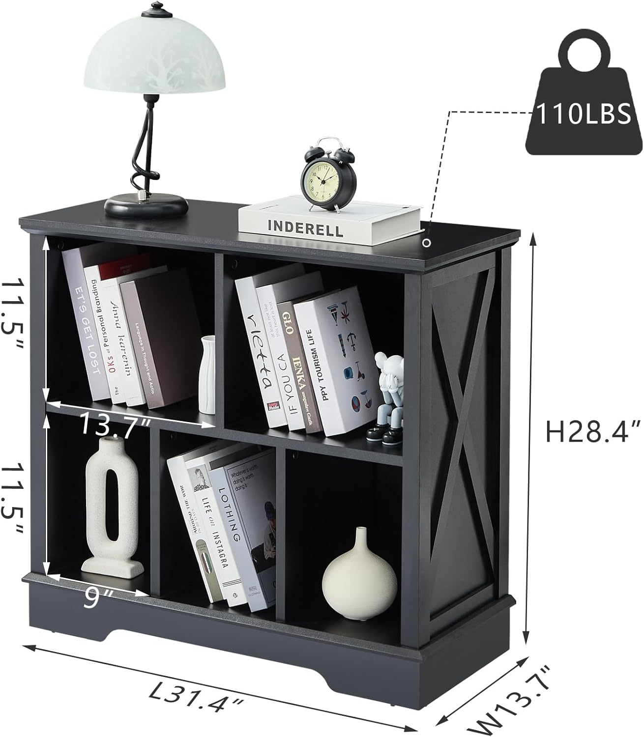 Farmhouse 5 Cube Bookshelf, Black Storage Organizer Bookcase, Kids Toy Storage Cabinet, Small Bookshelves Storage Organizer Shelf, Wood Display Cabinet Book Shelves for Bedroom,Living Room,Office