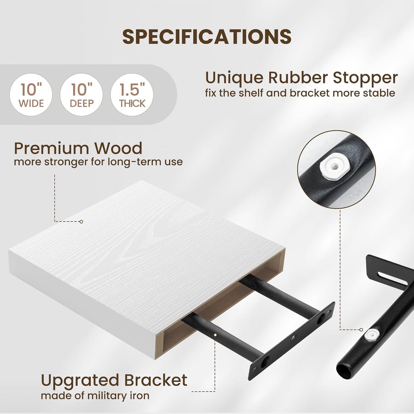 Fun Memories Floating Shelves for Wall 10 Inch, 10 Inch Deep Square Wall Shelves, Bathroom Storage Shelves Over Toilet, Wood Floating Shelves for Living Room Bedroom, White, Set of 2