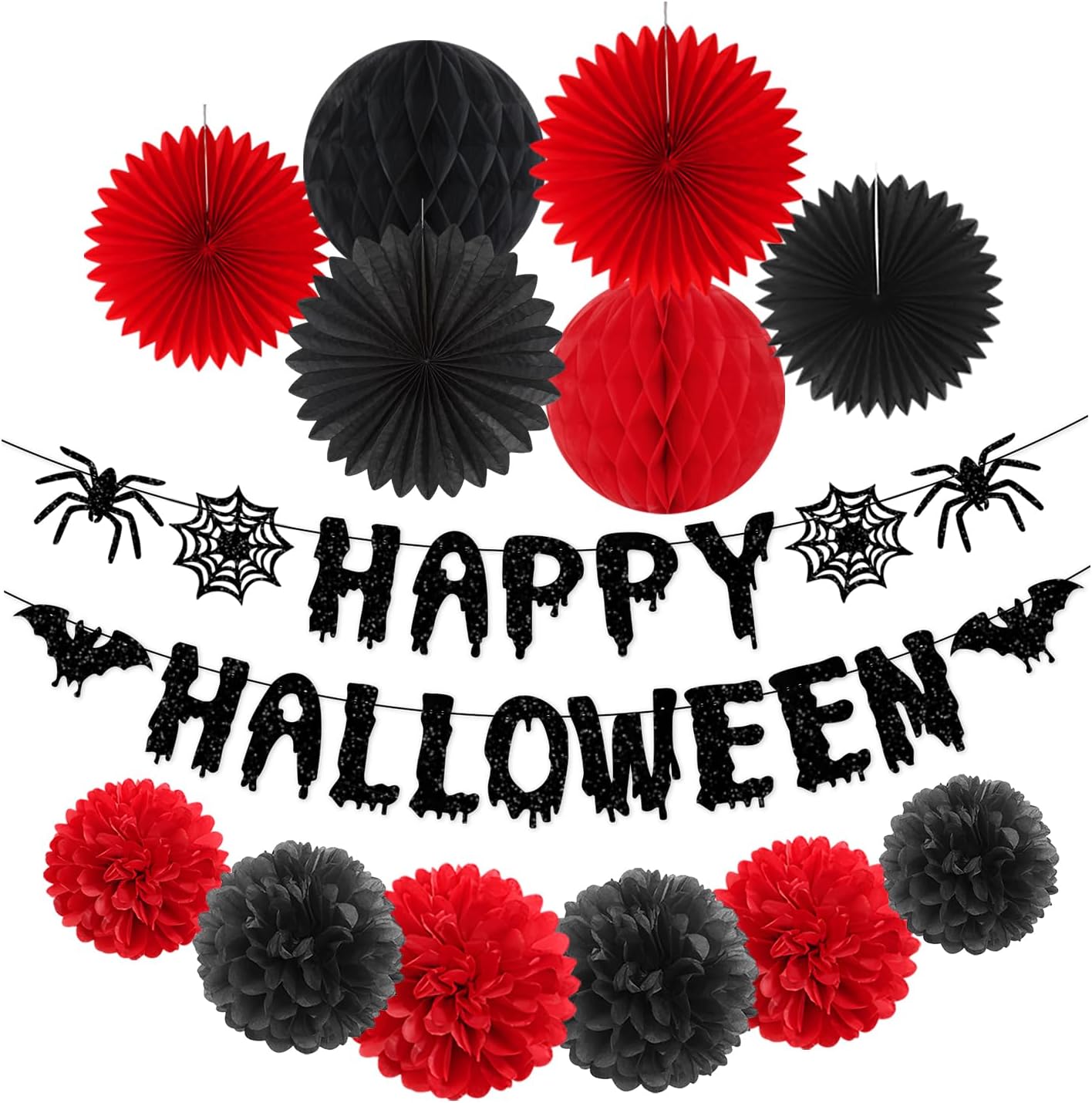 Red Black Happy-Halloween Party Decorations - 13PCS Spider Web Bats Streamers Banner ,Paper Flowers Lanterns Tissue Pom Poms Fans, Classroom Birthday Bachelorette Hanging Supplies Decor Hugfond