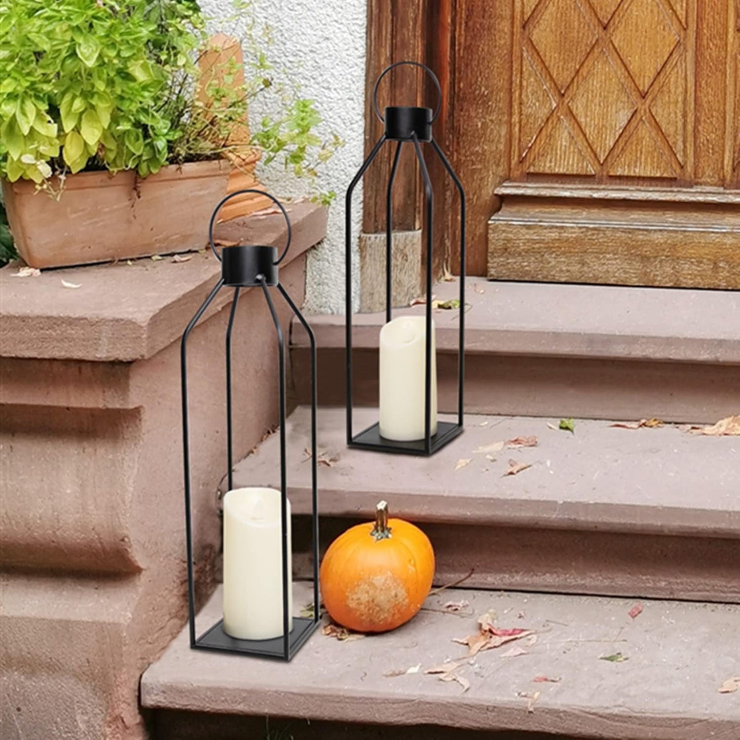 HPC Decor 22'' 19'' Lanterns Decorative w/ Flickering Timer Candles- Large Tall Black Metal Candle Lanterns Set of 2- Modern Farmhouse Decor for Indoor,Outdoor,Tabletop,Porch (No Glass)