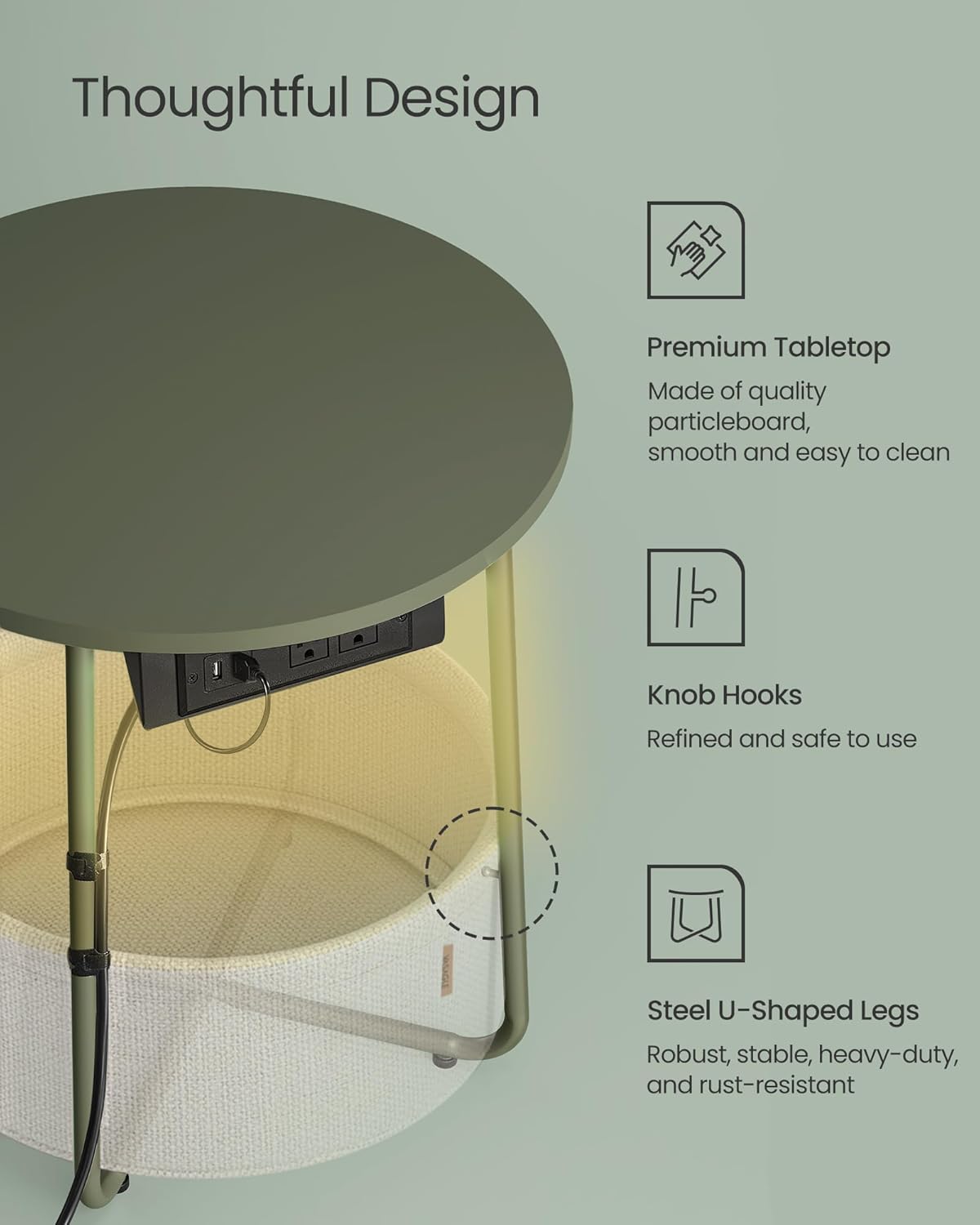 VASAGLE Side Table with Charging Station, Round End Table with Fabric Basket, LED Nightstand with Power Outlets, USB Ports, for Living Room, Bedroom, Modern, Forest Green and Cream White ULET227C01