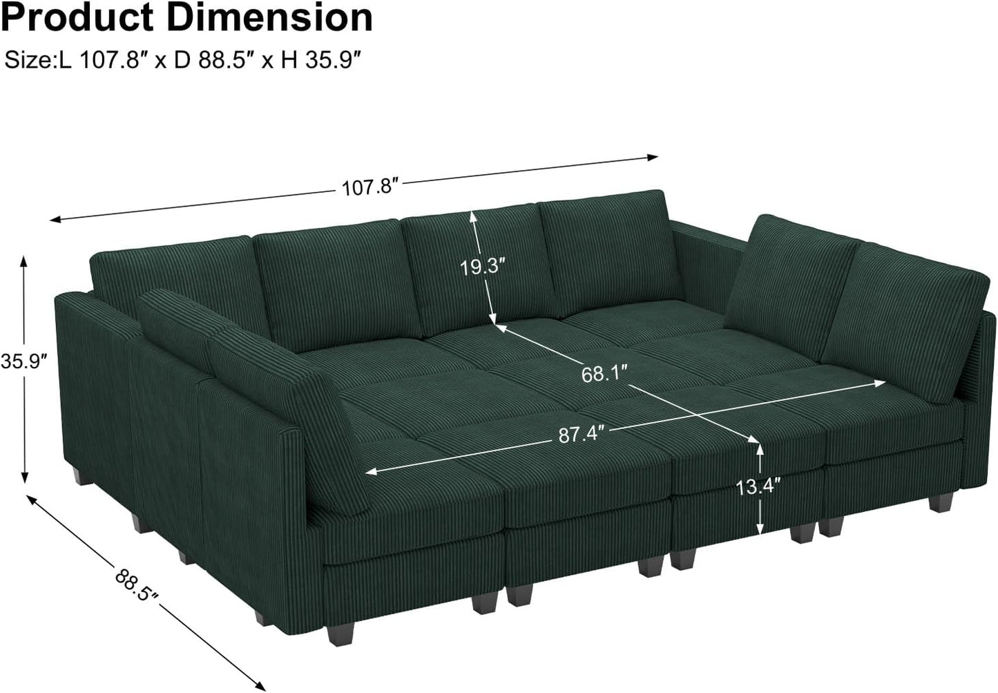 Belffin Oversized 12 Seat Modular Sectional Sleeper Sofa Convertible Sleeper Sectional Sofa with Storage Seat Large Corduroy Modular Couch for Living Room Green