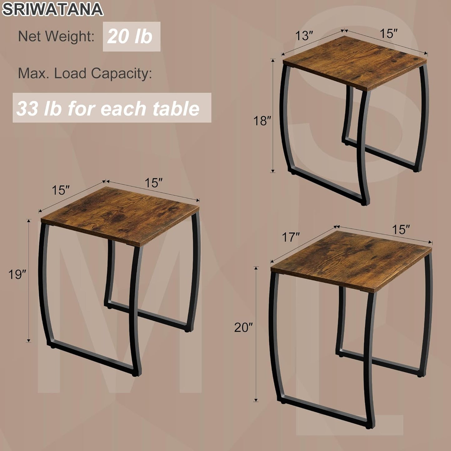 SRIWATANA Nesting Tables, Vintage Side End Tables Living Room, Coffee Snack Table Set of 3