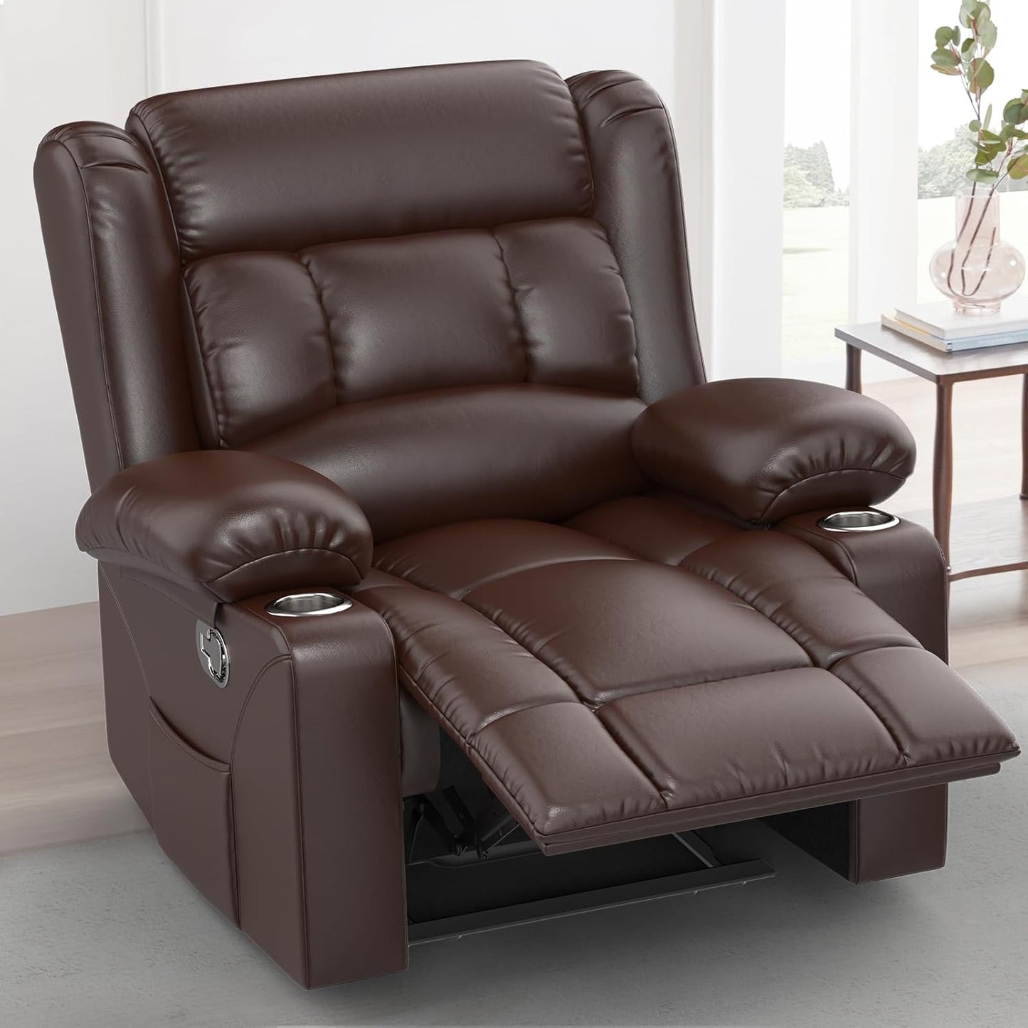 Recliner Chair for Adults, Oversized PU Leather Manual Pull Tab Reclining Chair with Cup Holders, Minimalist Style Single Sofa for Living Room, RV (Brown)