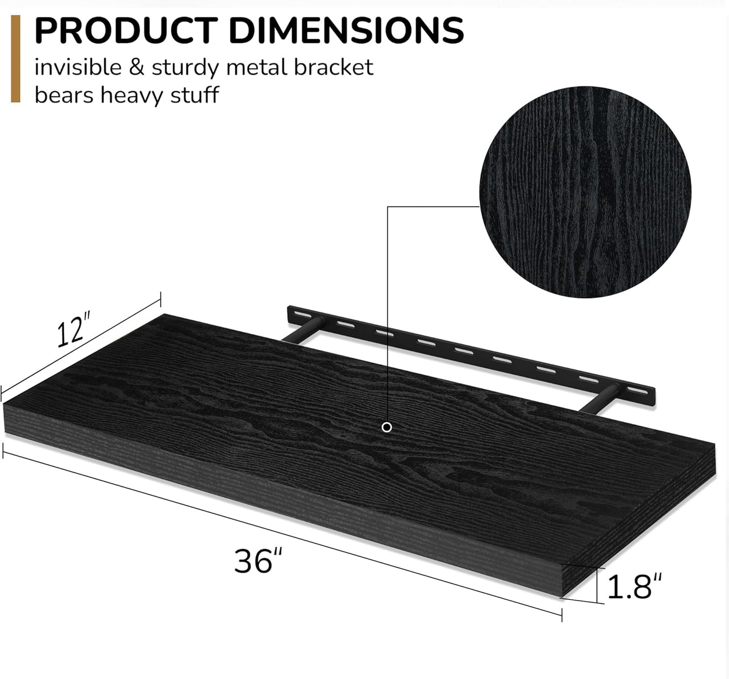 Fun Memories Floating Shelves - 2 Pack 12 Inch Rustic Wooden Wall Shelves - Extra Deeper & Thicker Wall Mounted Storage Shelf for Living Room, Kitchen, Farmhouse - 36" W x 12" D x 1.8"H - Rustic Black