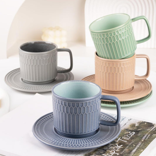 Large Cappuccino Cups with Saucers Set of 4, 8 Ounce Stackable Embossed Ceramic Coffee Mugs for Specialty Coffee Drinks, Latte, Cafe Mocha and Tea, Dishwasher & Microwave Safe (Mix)