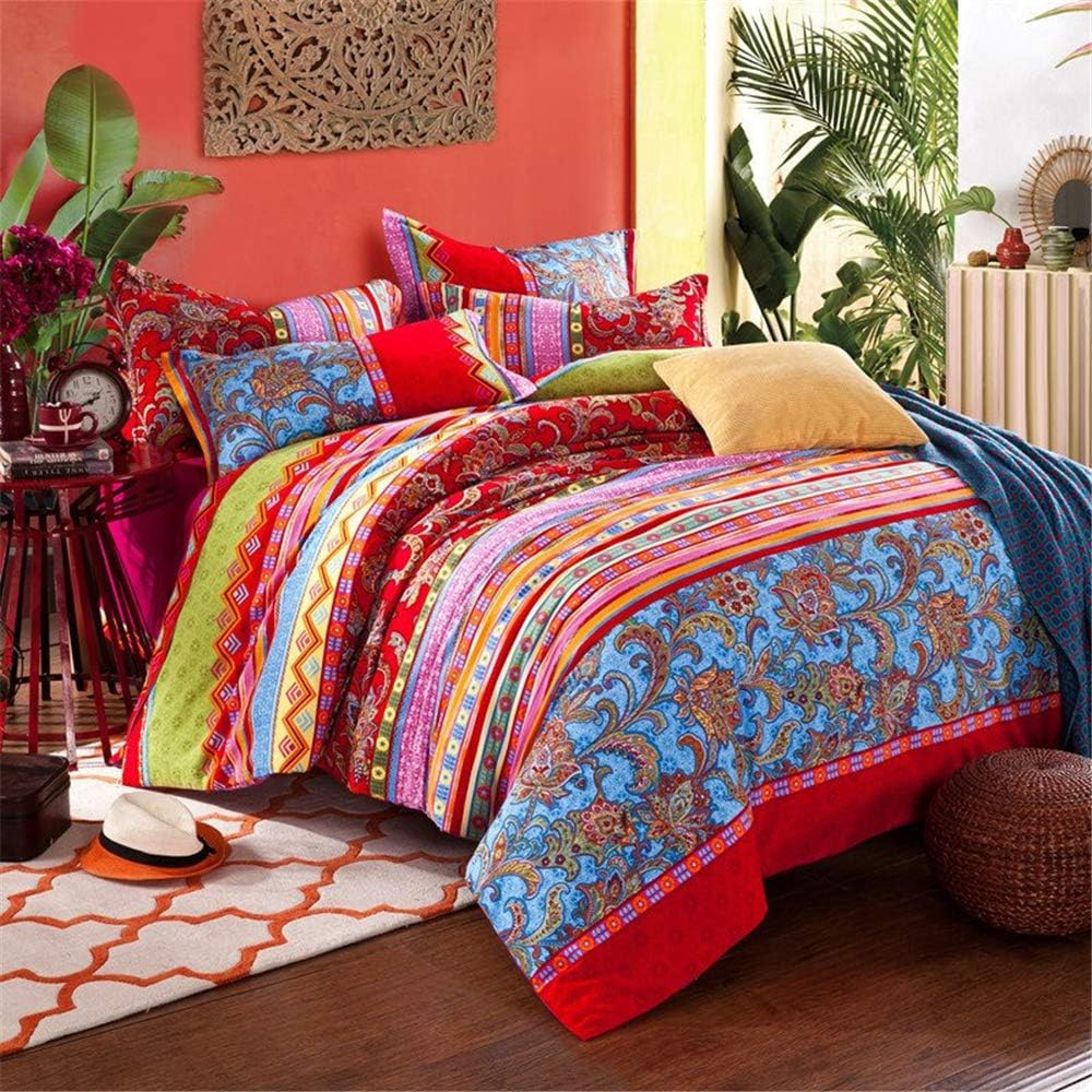 ABREEZE Bohemian Duvet Cover Set Boho Bedding Colorful Red Boho Retro Bedding Set Damask Paisley Cotton Duvet Cover Tribal Reversible Bedding Exotic Style Comforter Cover 3-Piece Cal.King