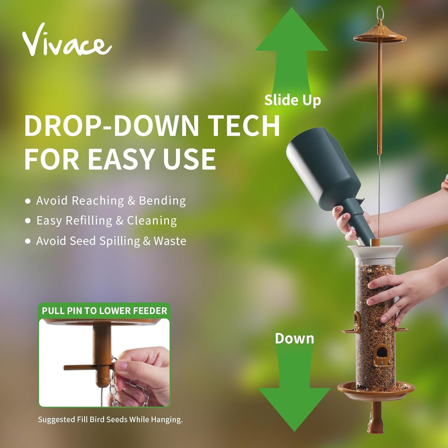 Vivace Hanging Bird Feeders, Easy to Fill 12" Tube Metal Bird Feeder for Outdoors, 4 Ports, with S Hook