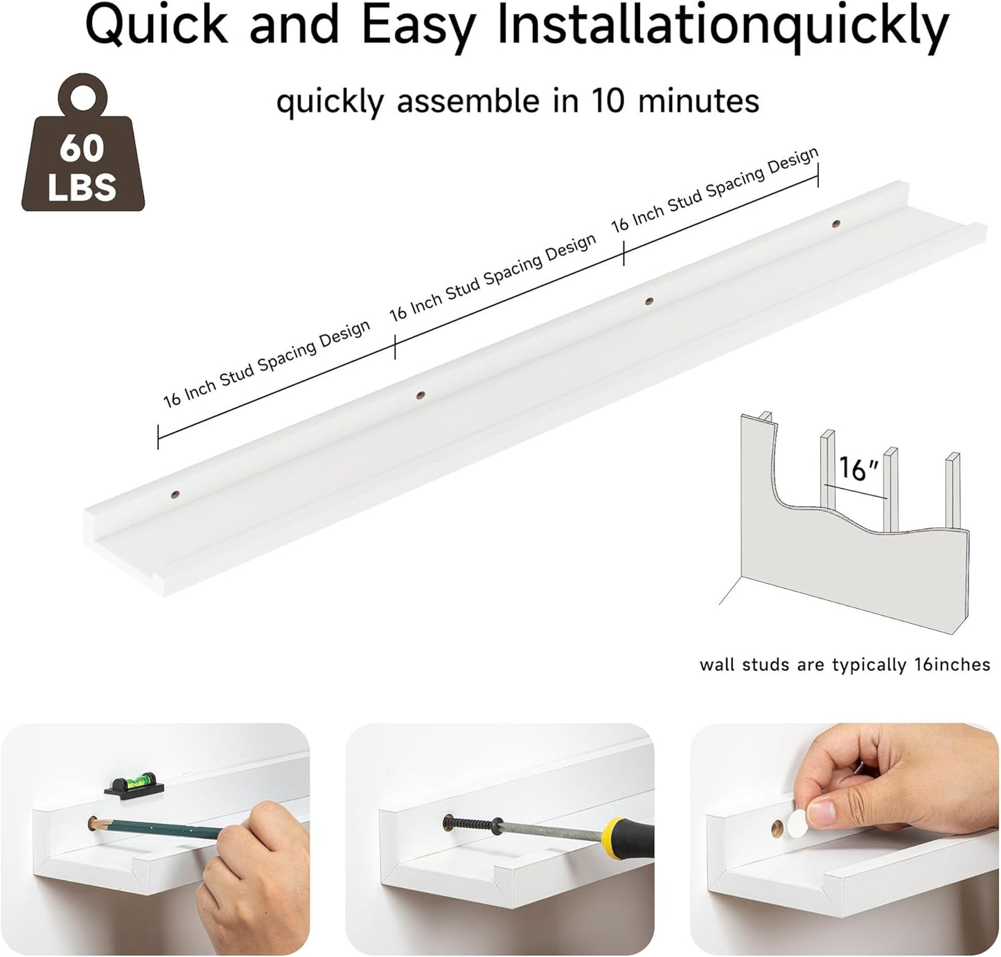 Floating Picture Ledge Shelves for Wall Set of 2, 55 Inches Picture Shelf with Ledge, Nursery Book Shelf for Toys Storage Kids Bookshelf Wall Mounted Living Room Bedroom Decor Frames, White
