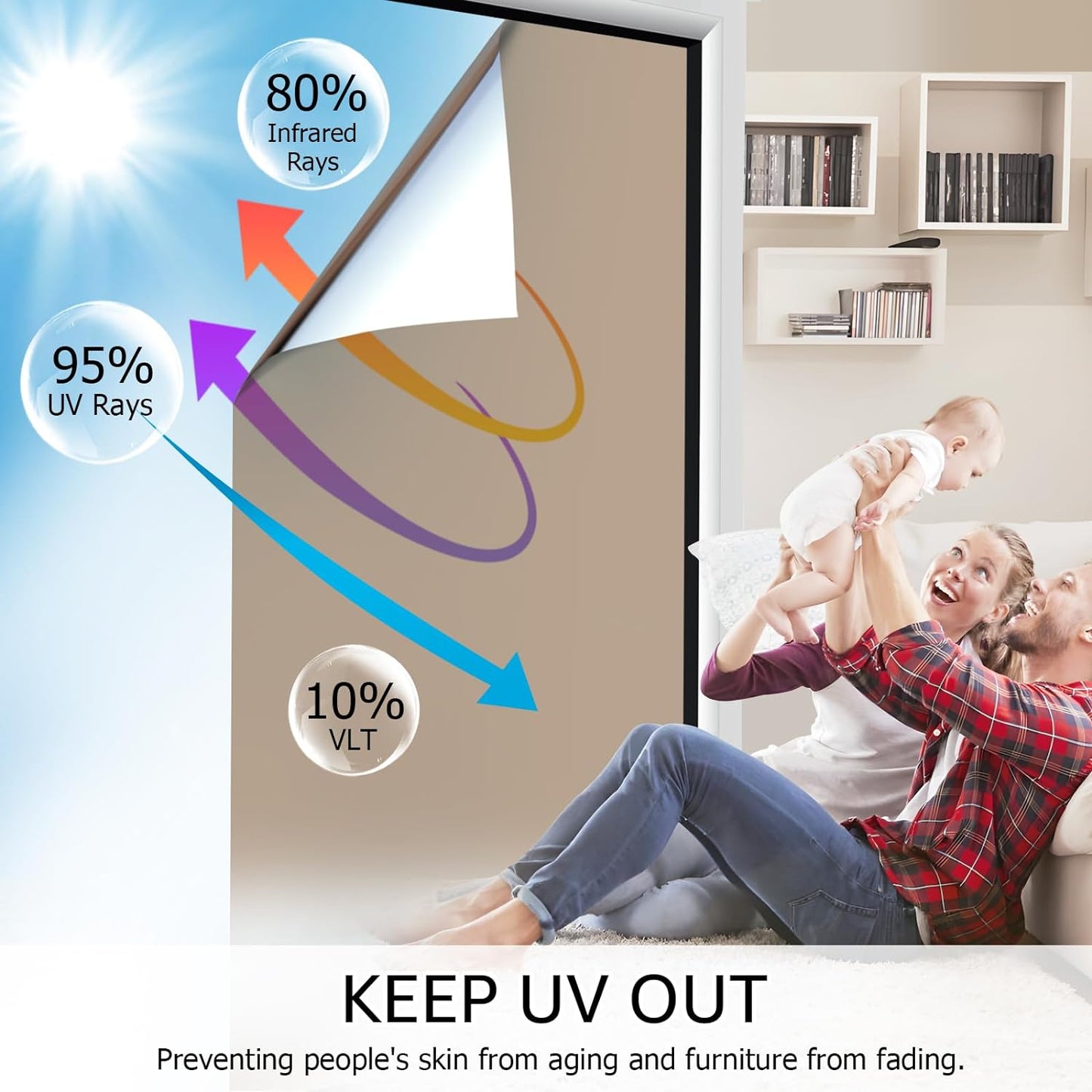 HIDBEA One Way Mirror Window Film, Daytime Privacy Sun Blocking Reflective Window Film Static Cling Heat Control Window Tinting Film for Home and Office, Brown Silver, 35.4 x 78.7 Inch