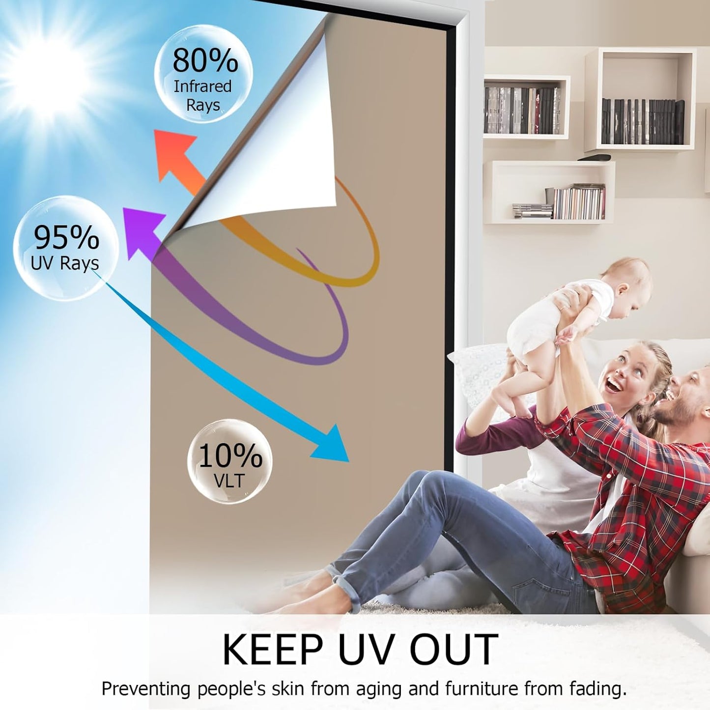 HIDBEA One Way Mirror Window Film, Daytime Privacy Sun Blocking Reflective Window Film Static Cling Heat Control Window Tinting Film for Home and Office, Brown Silver, 35.4 x 98.4 Inch