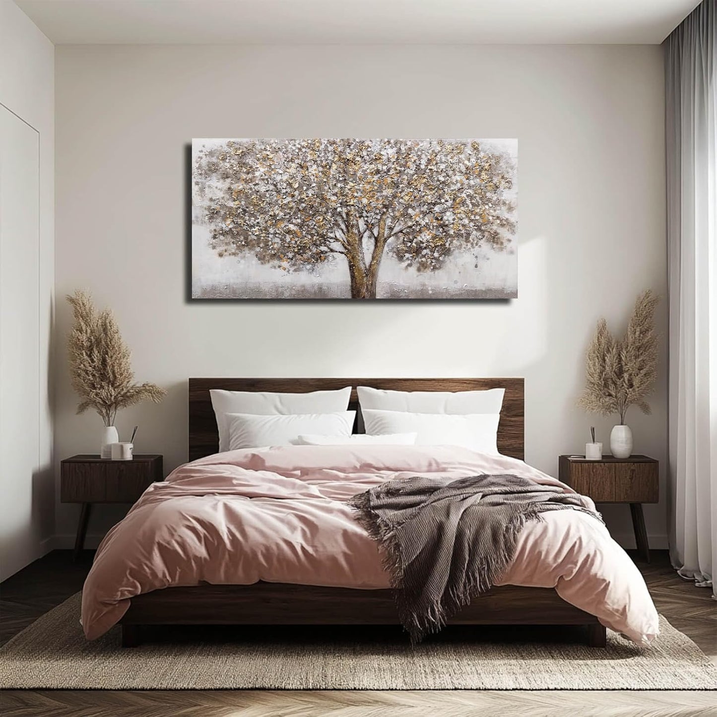 CHUDANHAO Grey Art Posters Big Tree Wall Decor Pictures for Office Gold and White Wall Art Botanical Painting for Living Room Kitchen 24x48 Inch
