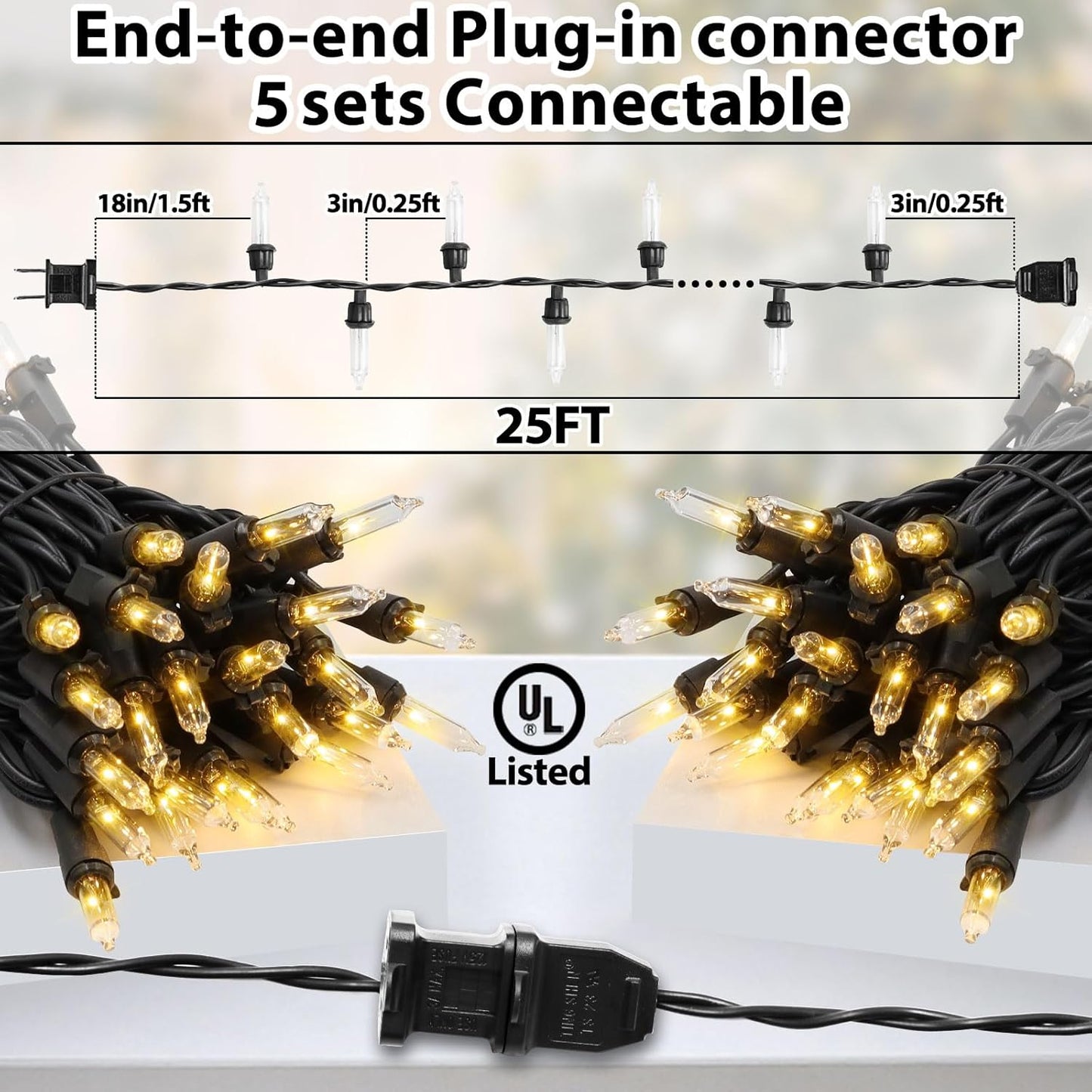 Clear Christmas Lights 25FT 100 Incandescent Bulbs Warm White Mini Lights with Black Wire for Christmas Tree, Garland, Thanksgiving, Wedding, Party, Home, Indoor & Outdoor Festival Decoration