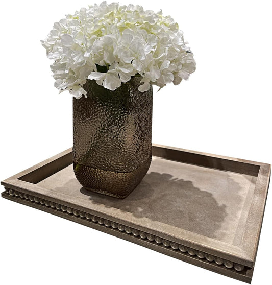 Wood Decorative Tray-Vitage Brown Washed Bead Tray for Coffee Table Wooden Serving Trays Ottoman Tray for Living Room Candle Holder Home Organizer Farmhouse Home Decor (Rectangular)