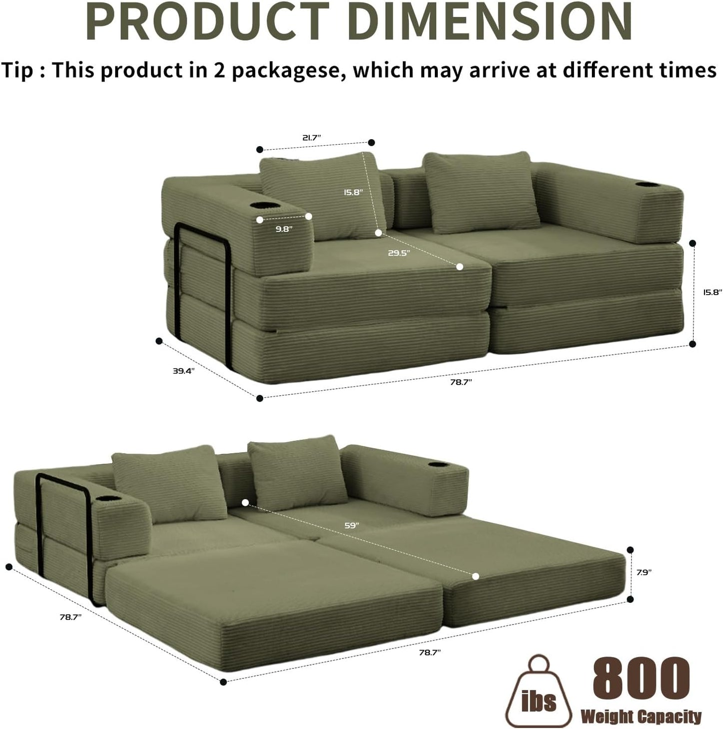 78" W Loveseat Sofa, 4 in 1 Convertible Floor Sofa Bed, Boneless Cloud Couch with Cup Holder, Fold Out Floor Couch, Loveseat Recliner Sleeper for Living Room Bedroom Lounge(Corduroy, White)