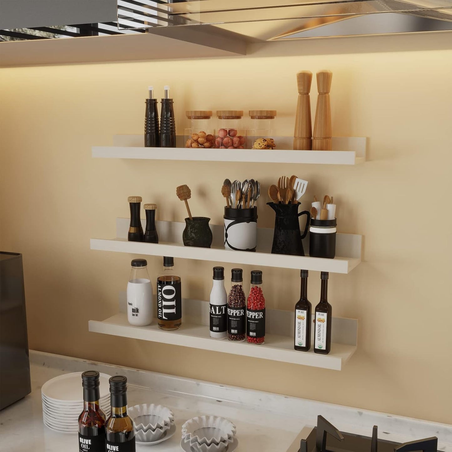 Giftgarden 24 Inch Floating Shelves for Wall, Creamy White Beige Wood-Grain Wooden Shelf Ledge for Bathroom Kitchen Living Room Nursery Bedroom Picture, Set of 3 Different Sizes